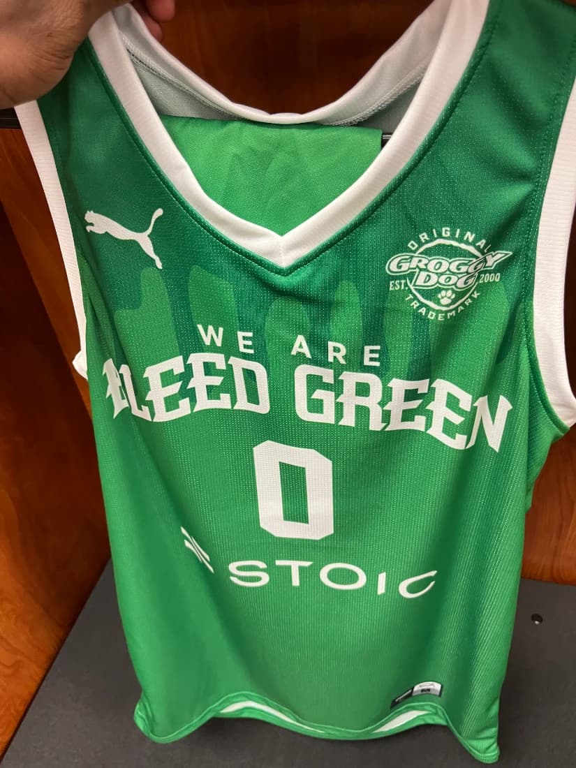 We Are Bleed Green basketball jersey, front