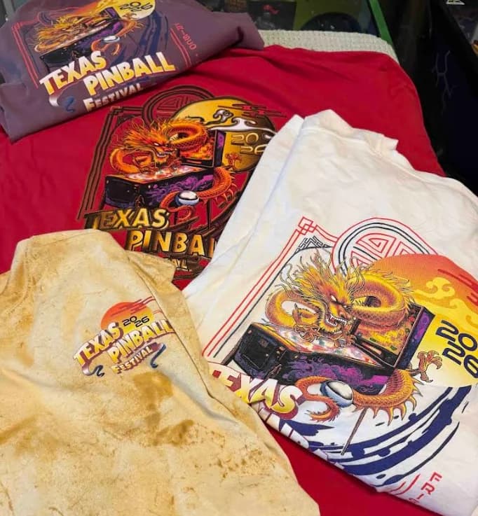 Texas Pinball Festival printed tees and towels